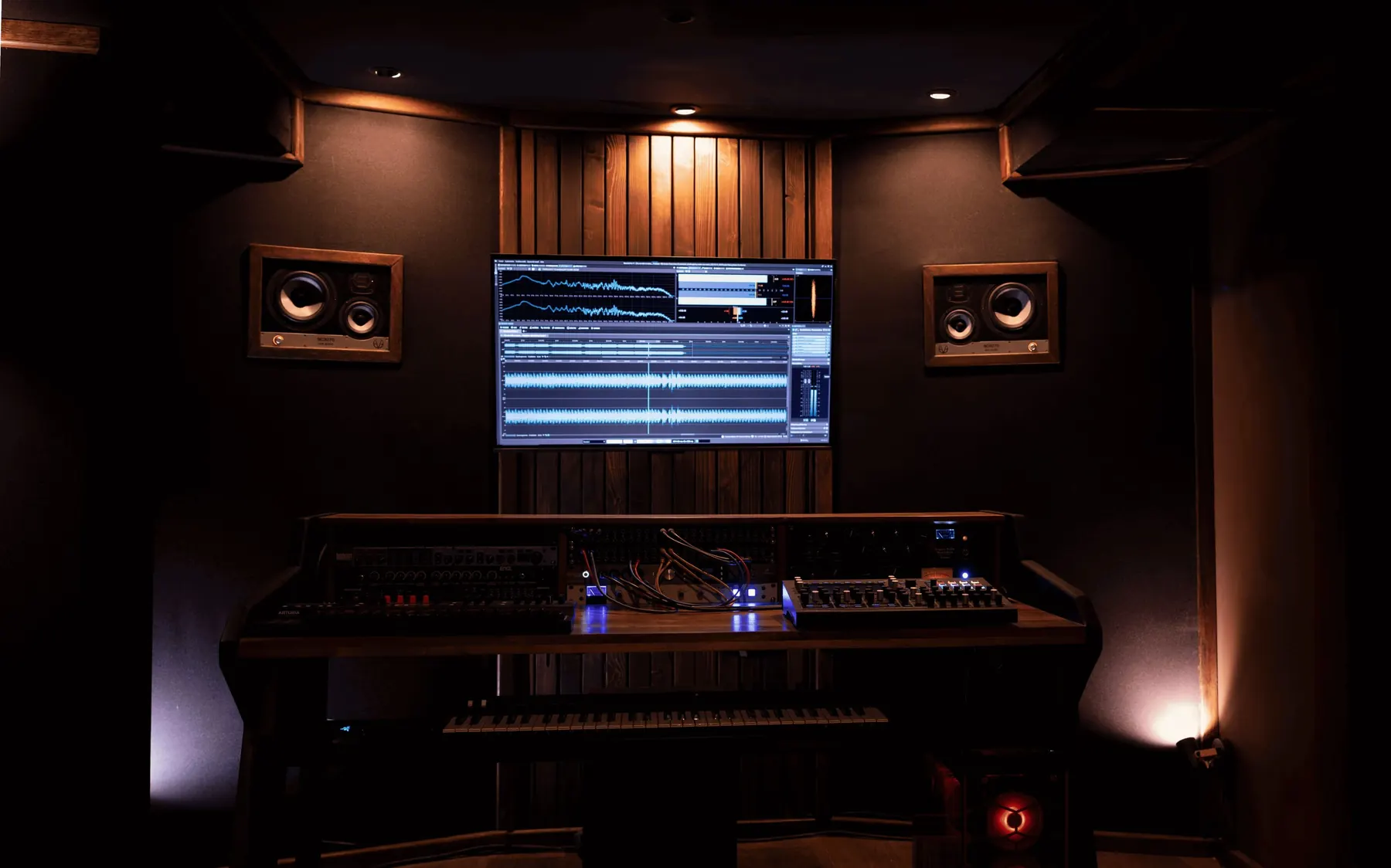 Control room de production musicale avec traitement mural bois et position de mixage centrée.